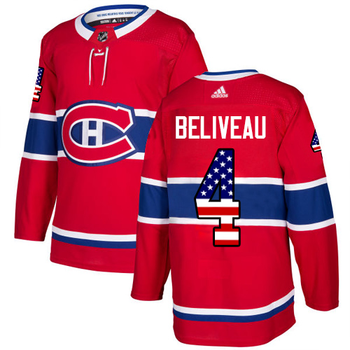Adidas Canadiens #4 Jean Beliveau Red Home Authentic USA Flag Stitched NHL Jersey